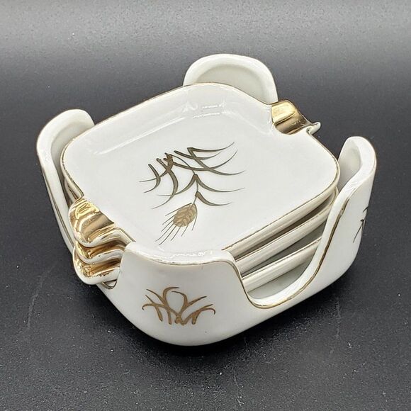 Lefton White Gold Wheat Design Vintage Personal Porcelain Ashtrays with Holder - Picture 3 of 11